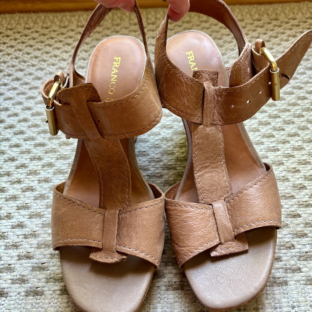 Tan Leather T-Strap Sandals